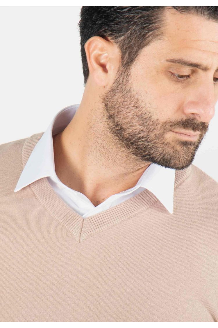 Pull homme col v beige - Touché cachemire