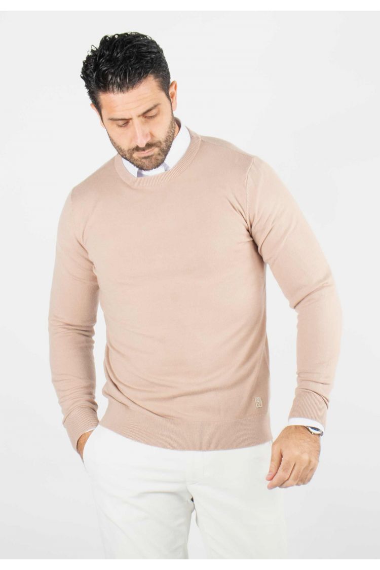 Pull homme col rond beige - Touché cachemire