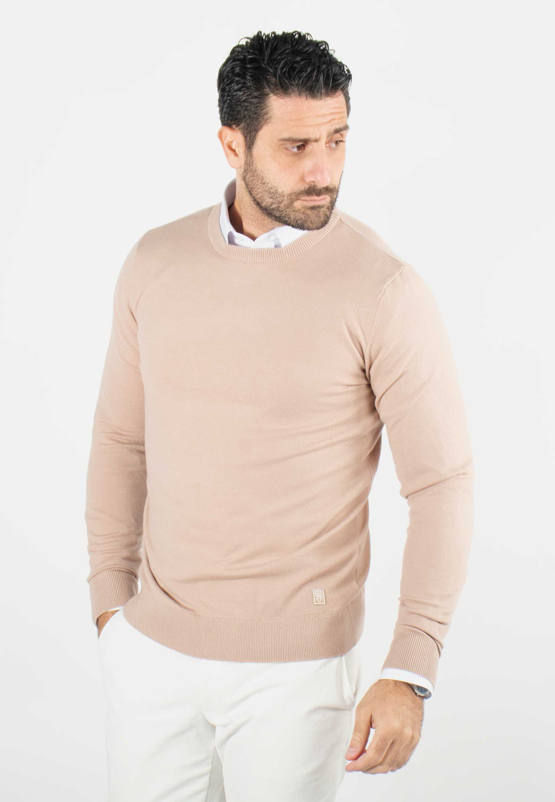 Pull homme col rond beige - Touché cachemire