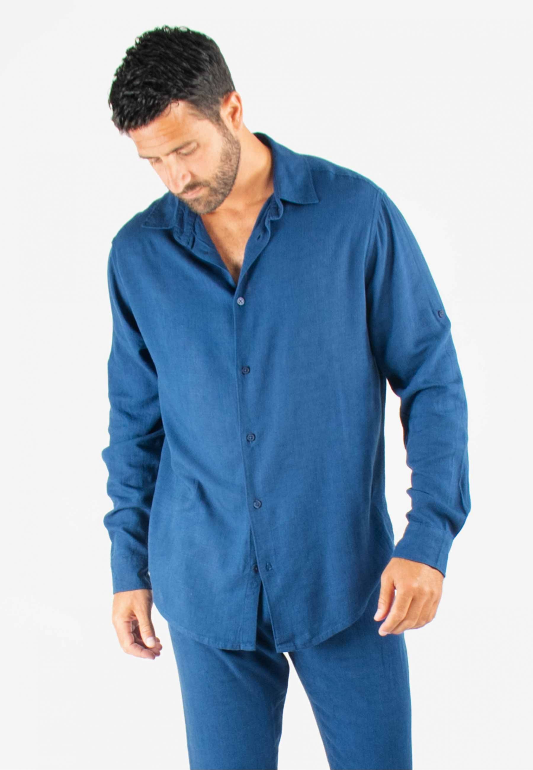 Chemise Homme Mélange Viscose et Lin - Bleu marine