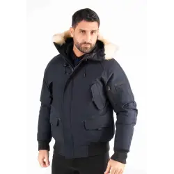 Doudoune Homme Paragoose ARIA – Bomber Hiver à Capuche Fourrure Synthétique – Navy Urbain