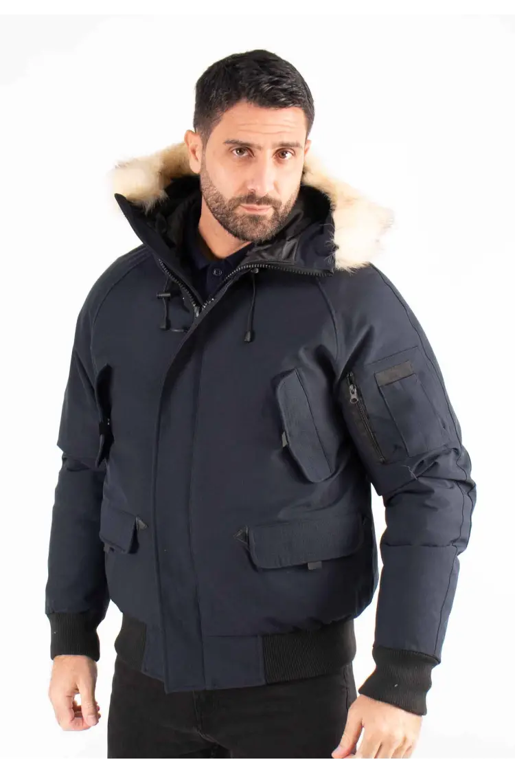 Doudoune Homme Paragoose ARIA – Bomber Hiver à Capuche Fourrure Synthétique – Navy Urbain