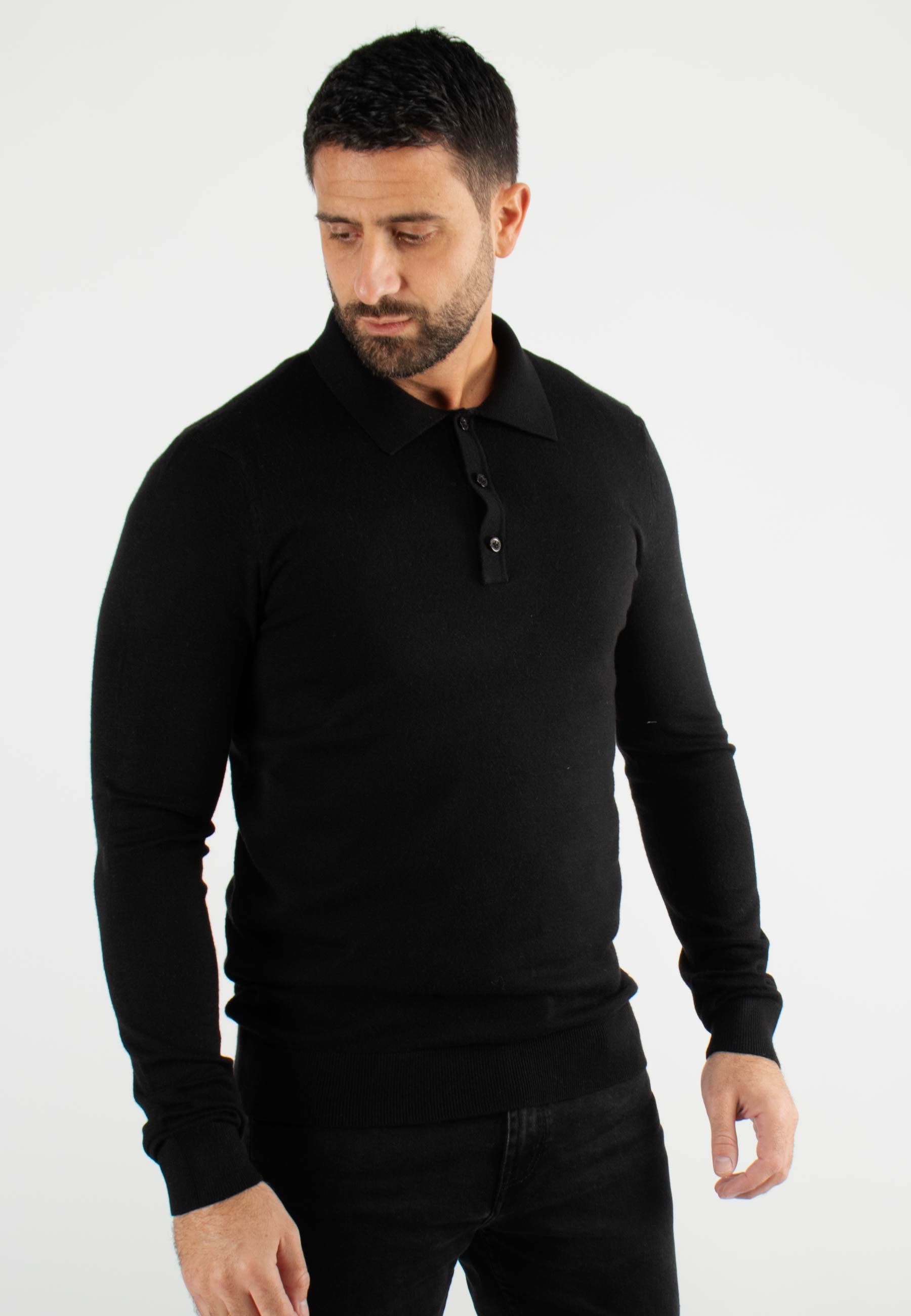 Pull col polo en maille fine noir