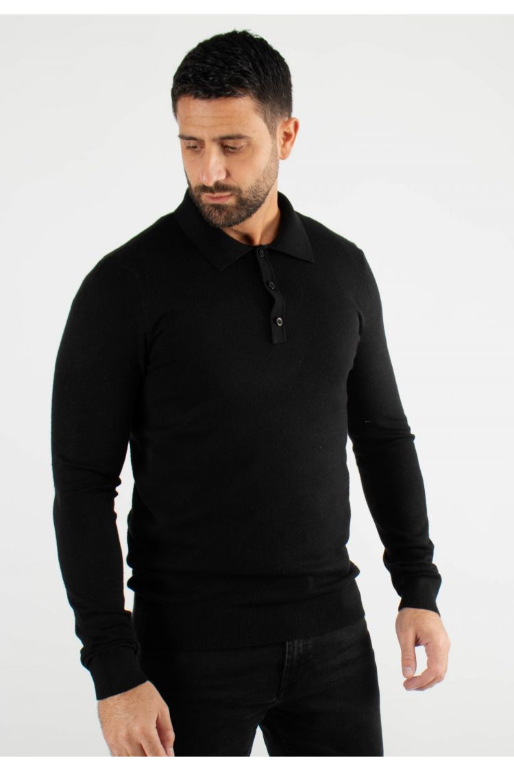 Pull col polo en maille fine noir