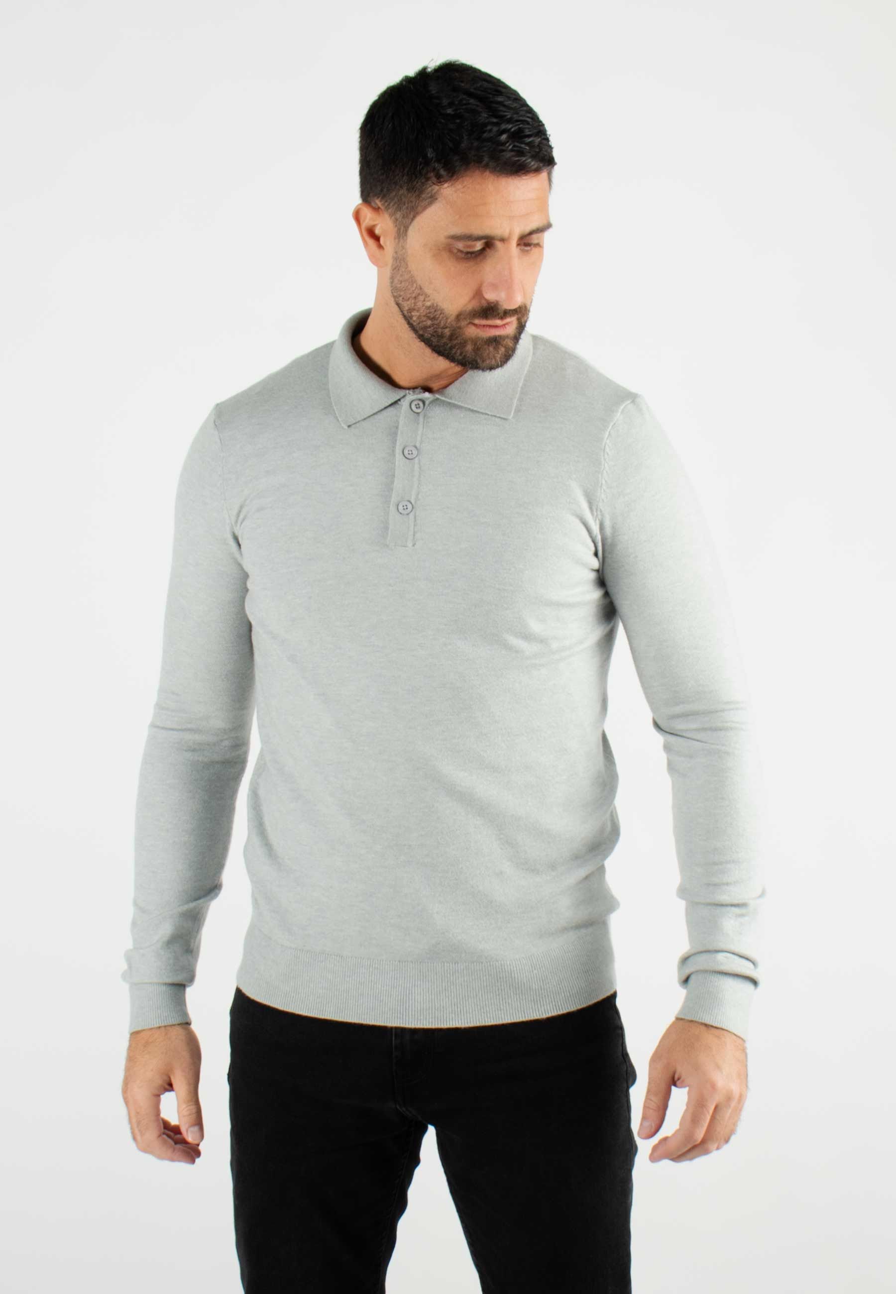 Pull col polo en maille fine gris