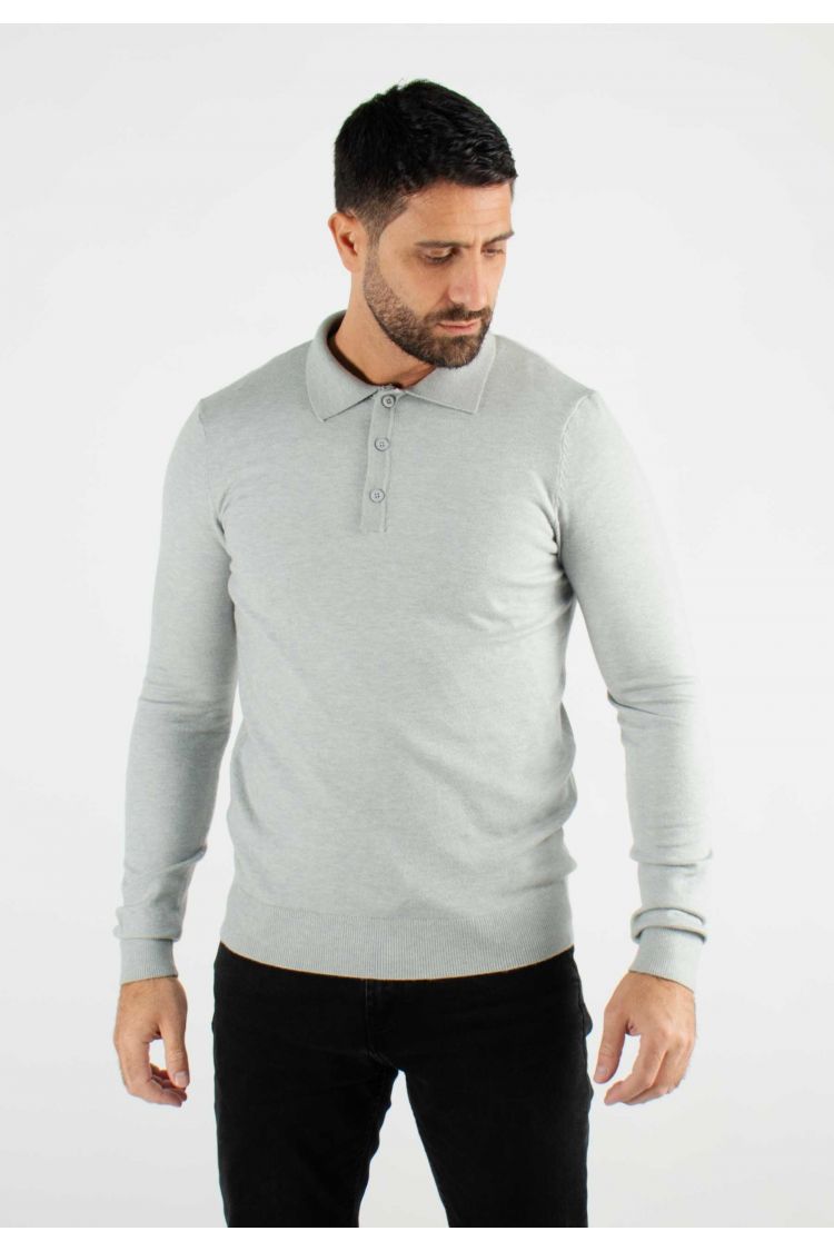 Pull col polo en maille fine gris
