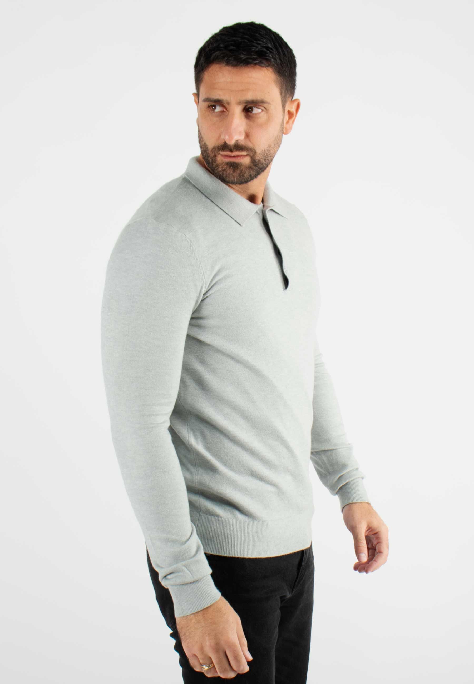 Pull col polo en maille fine gris