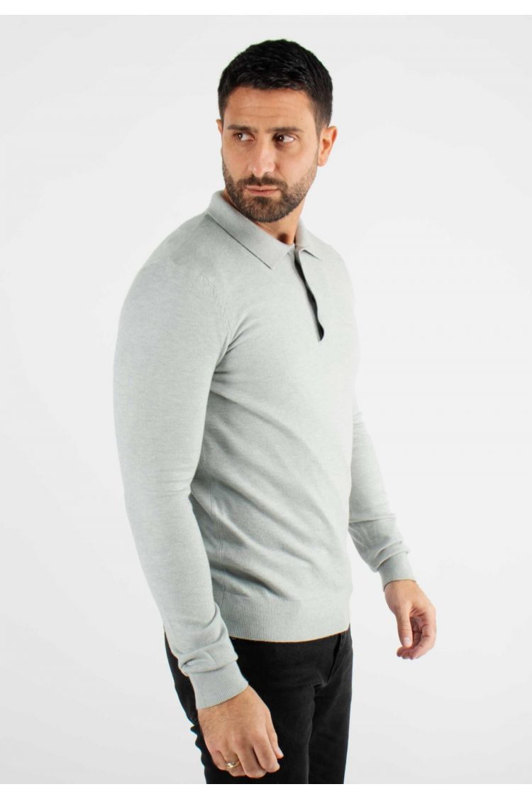 Pull col polo en maille fine gris