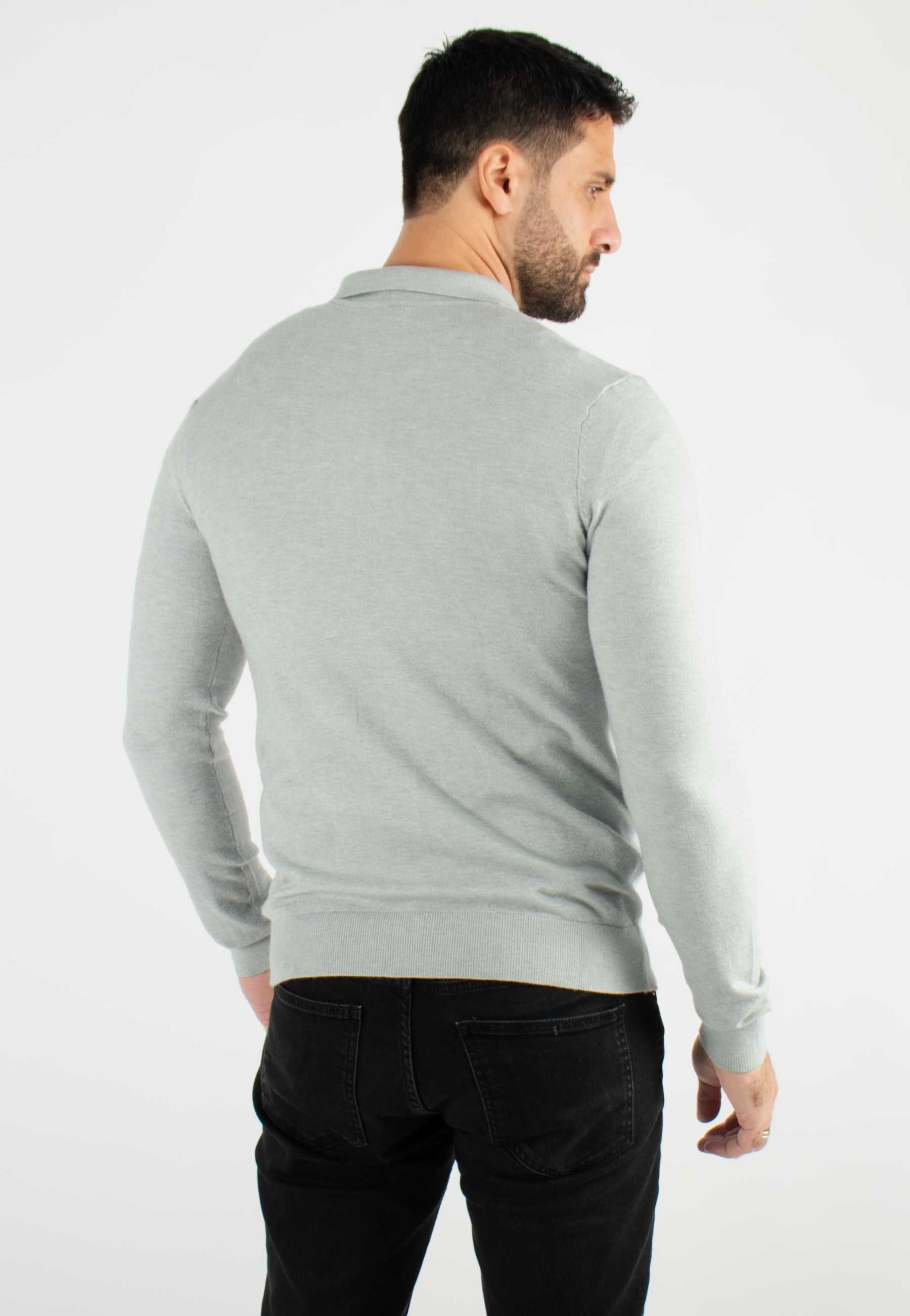 Pull col polo en maille fine gris