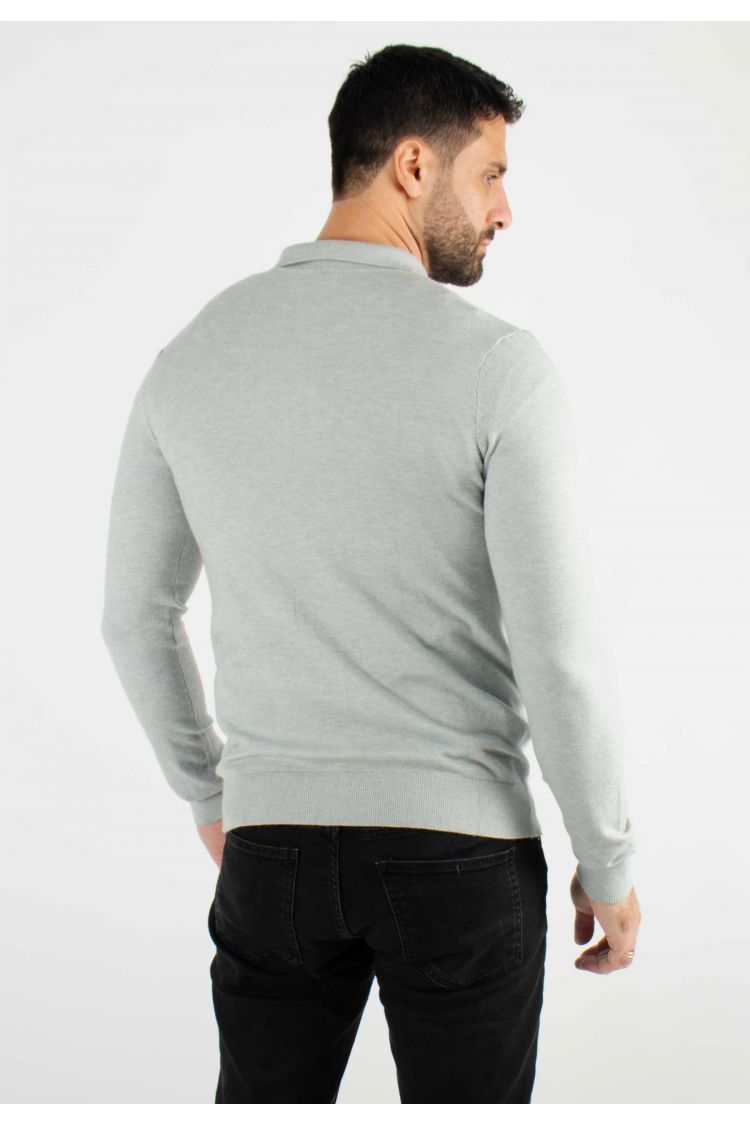 Pull col polo en maille fine gris