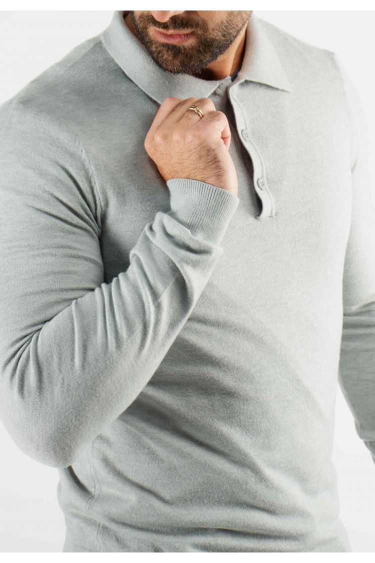 Pull col polo en maille fine gris