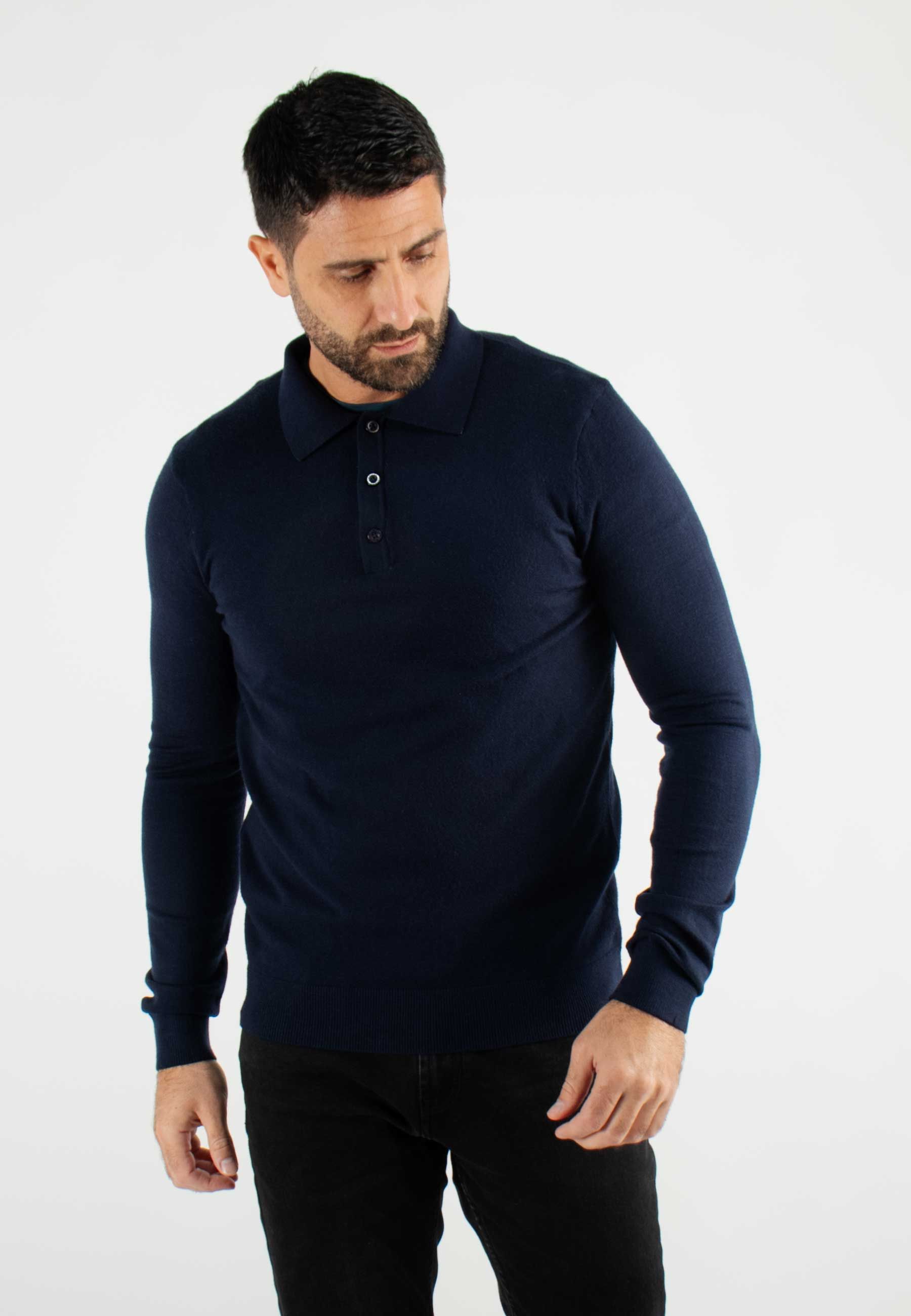 Pull col polo en maille fine navy