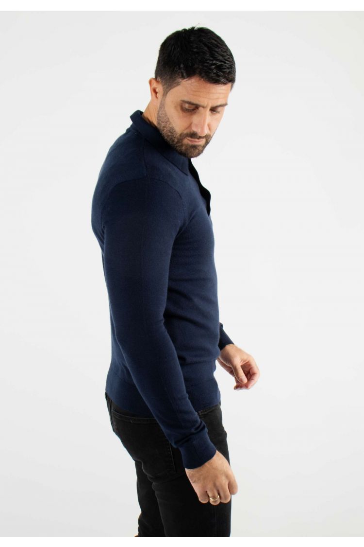 Pull col polo en maille fine navy