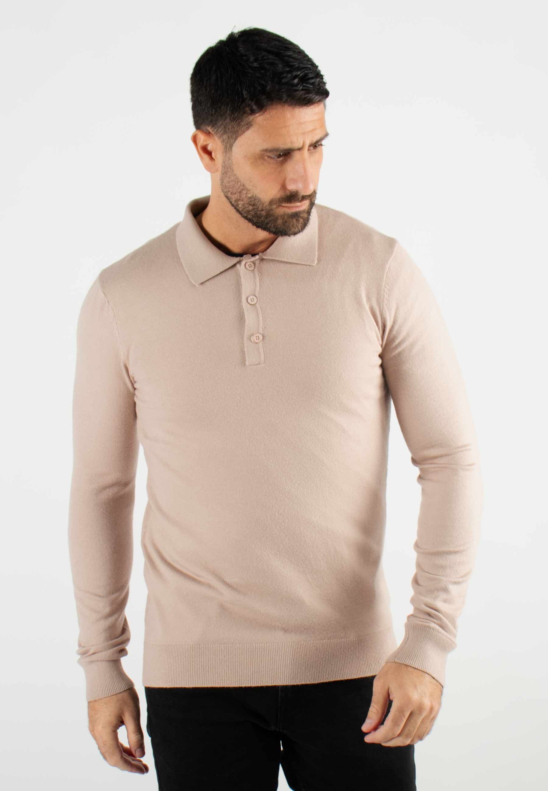 Pull col polo en maille fine beige