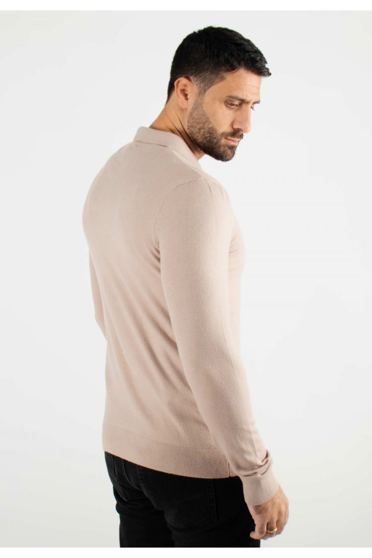 Pull col polo en maille fine beige