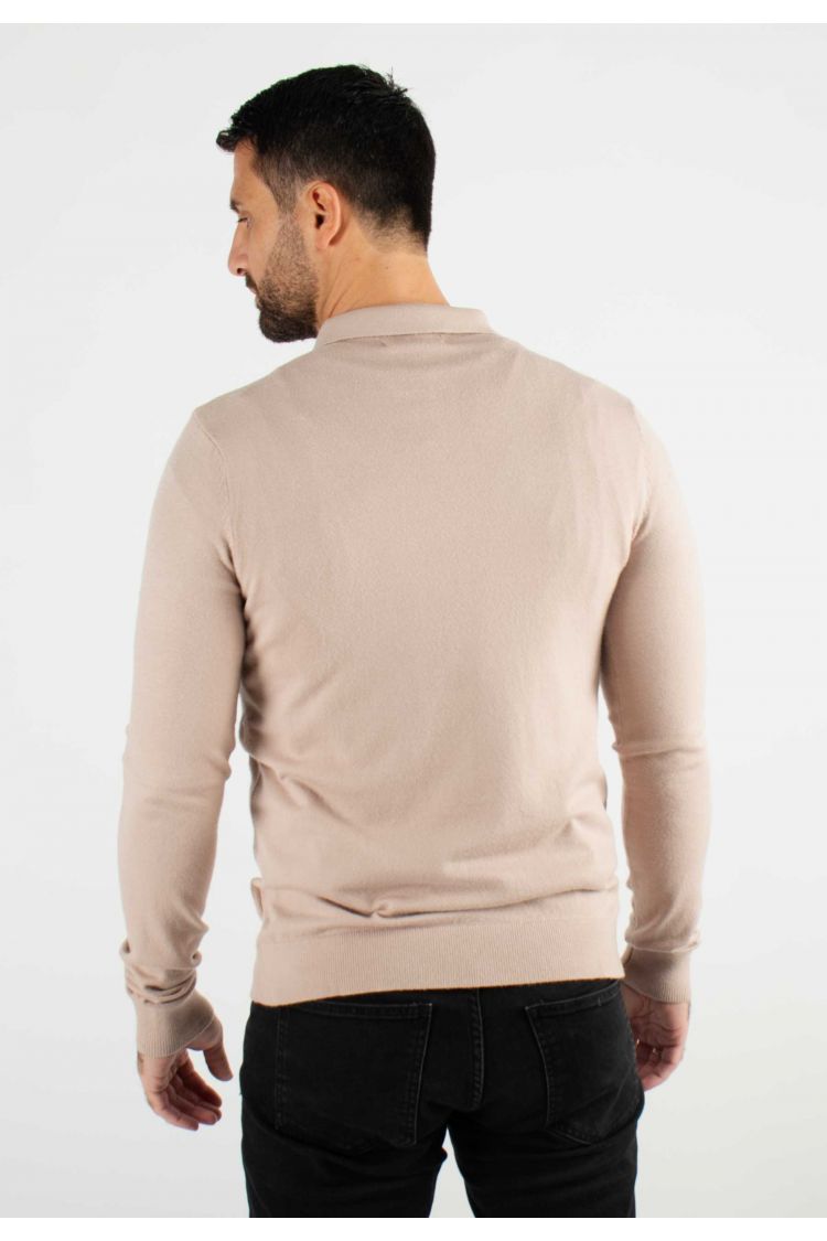 Pull col polo en maille fine beige