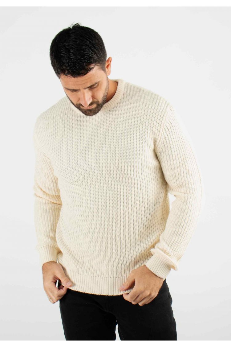 Pull texturé col rond écru