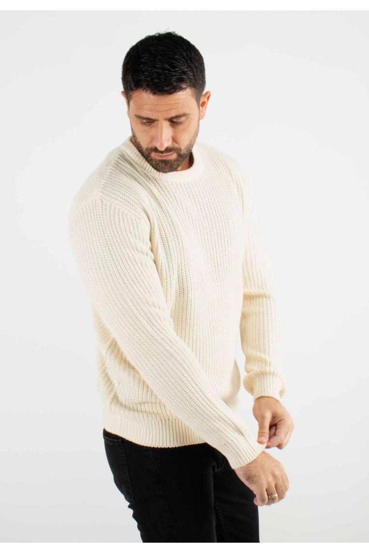 Pull texturé col rond écru