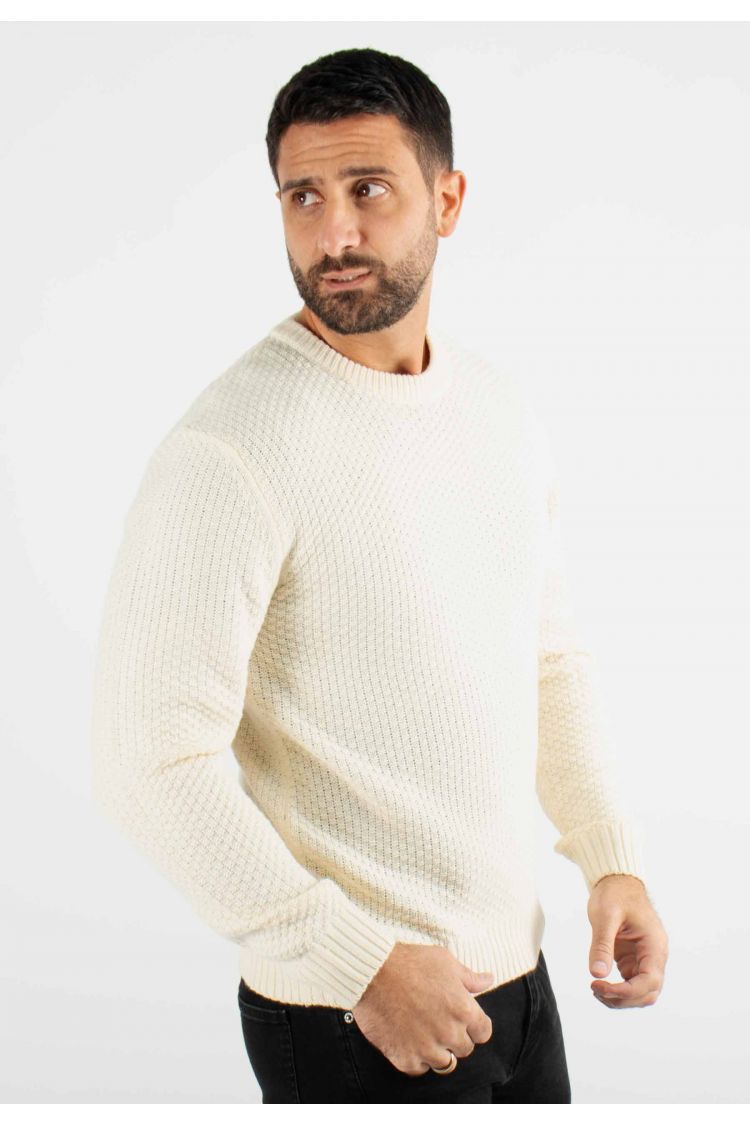 Pull torsadé col rond écru