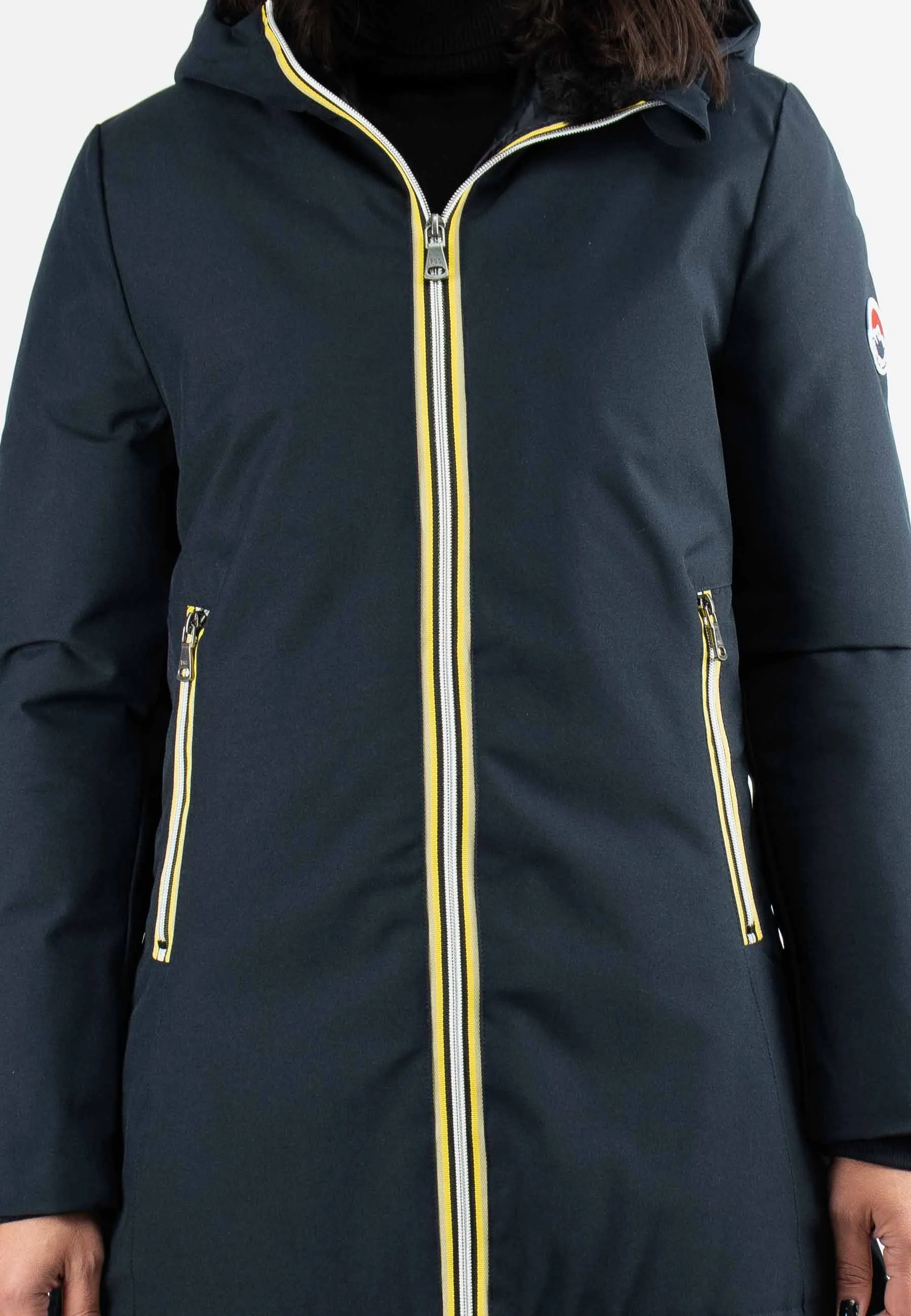 Doudoune Femme Paragoose STANLOWA – Veste Hiver à Zip Jaune Contrasté – Bleu Marine Élégant
