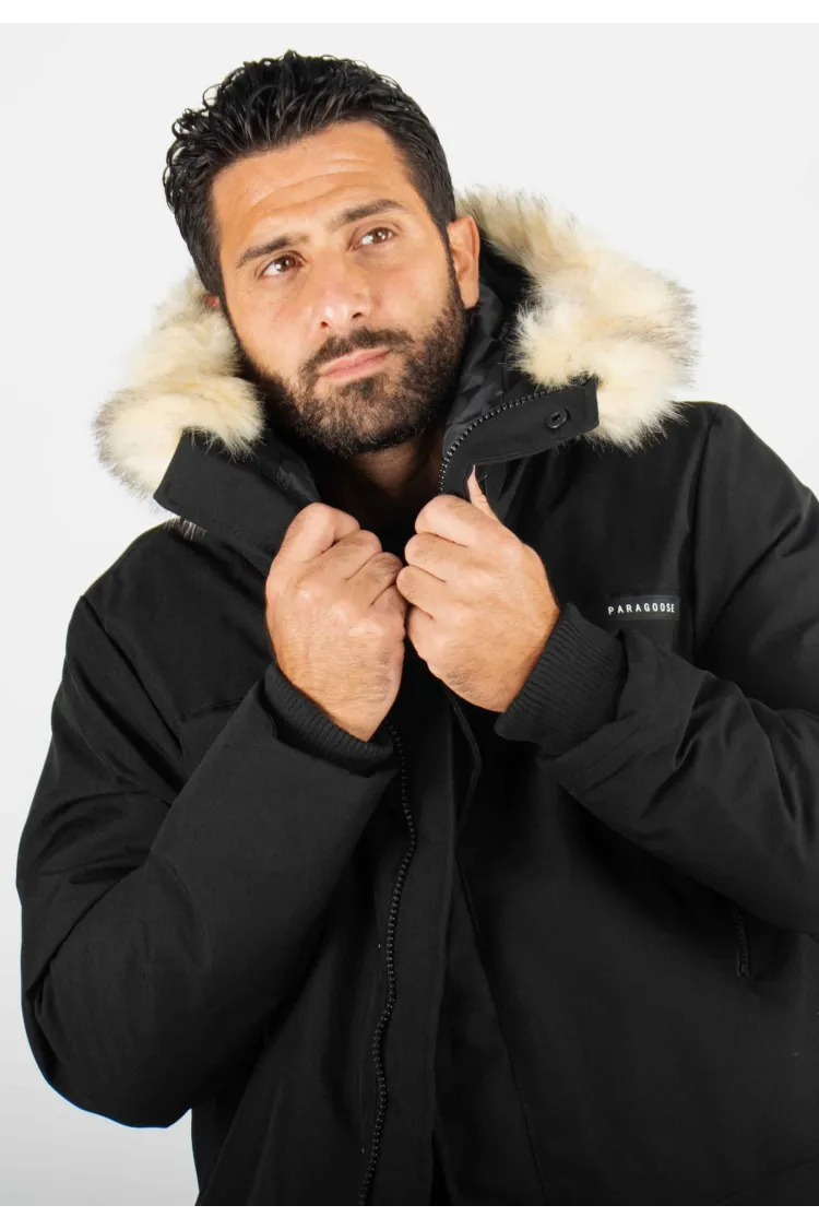 Parka Homme Paragoose GASTON – Veste Hiver à Capuche Fourrure Synthétique – Noir Technique et Chaude