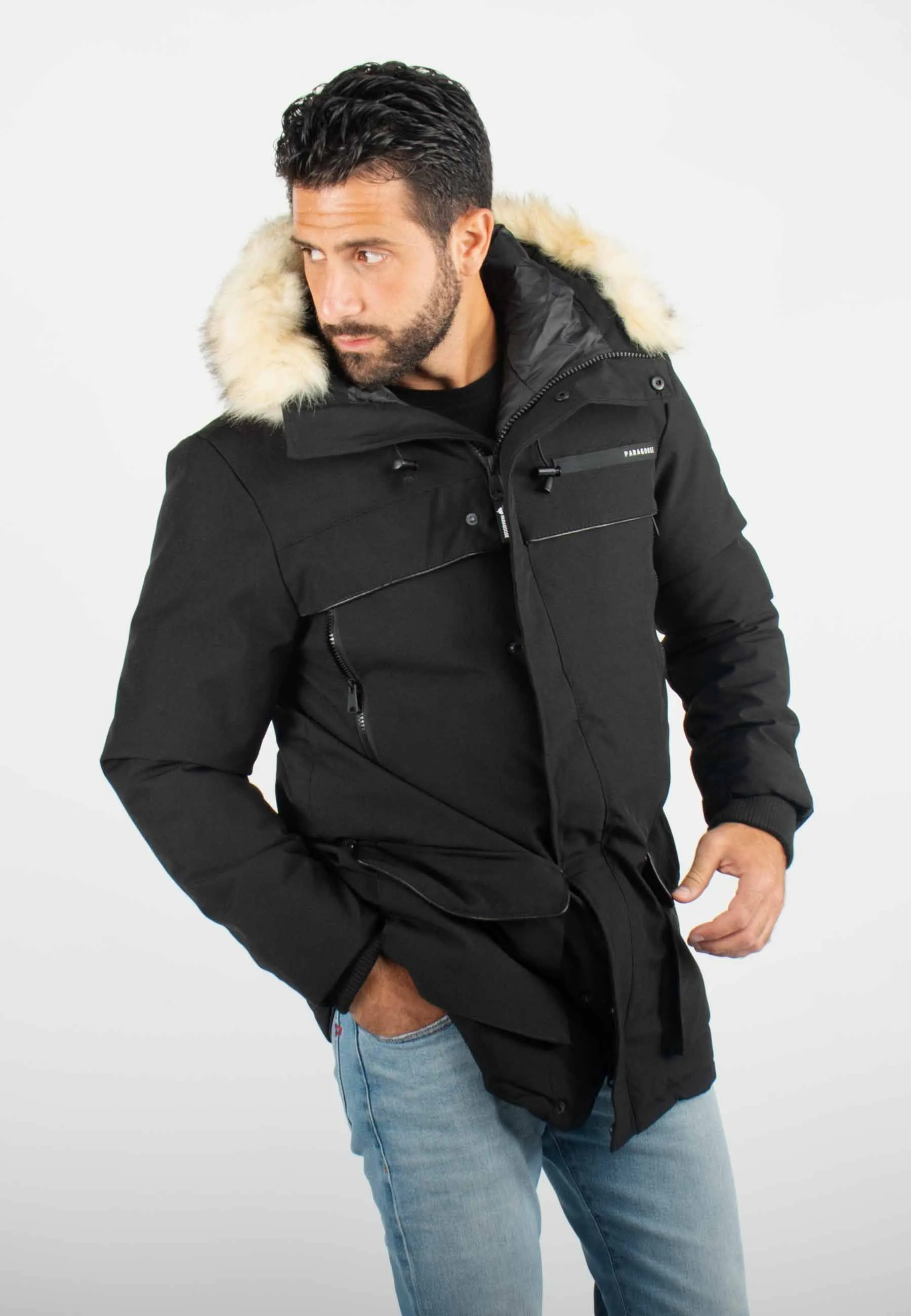 Parka Homme Paragoose GASTON – Veste Hiver à Capuche Fourrure Synthétique – Noir Technique et Chaude