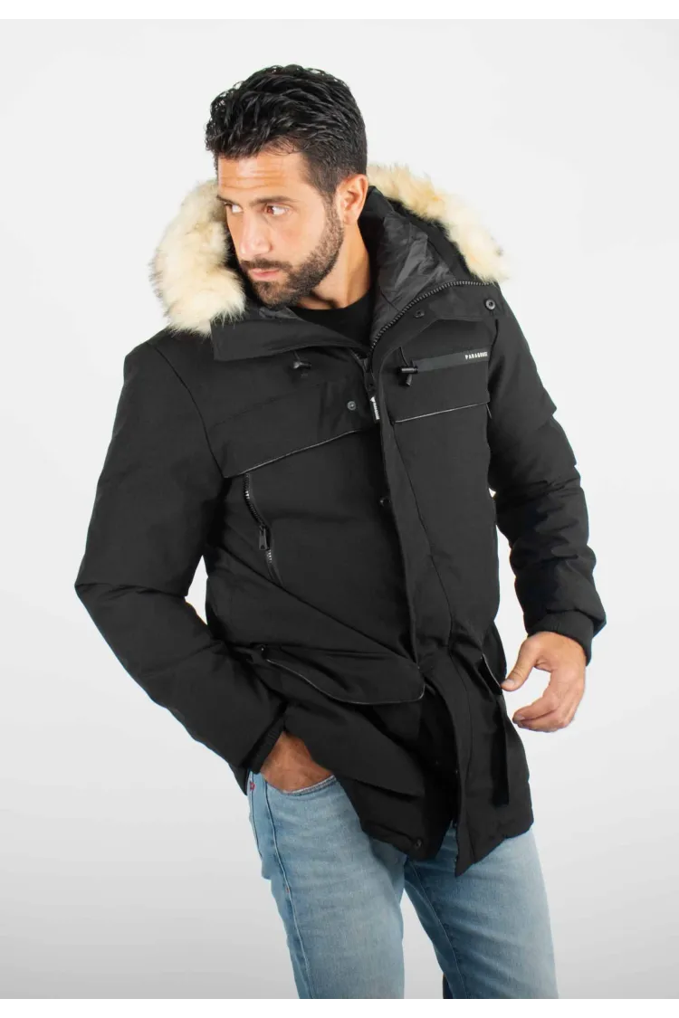 Parka Homme Paragoose GASTON – Veste Hiver à Capuche Fourrure Synthétique – Noir Technique et Chaude