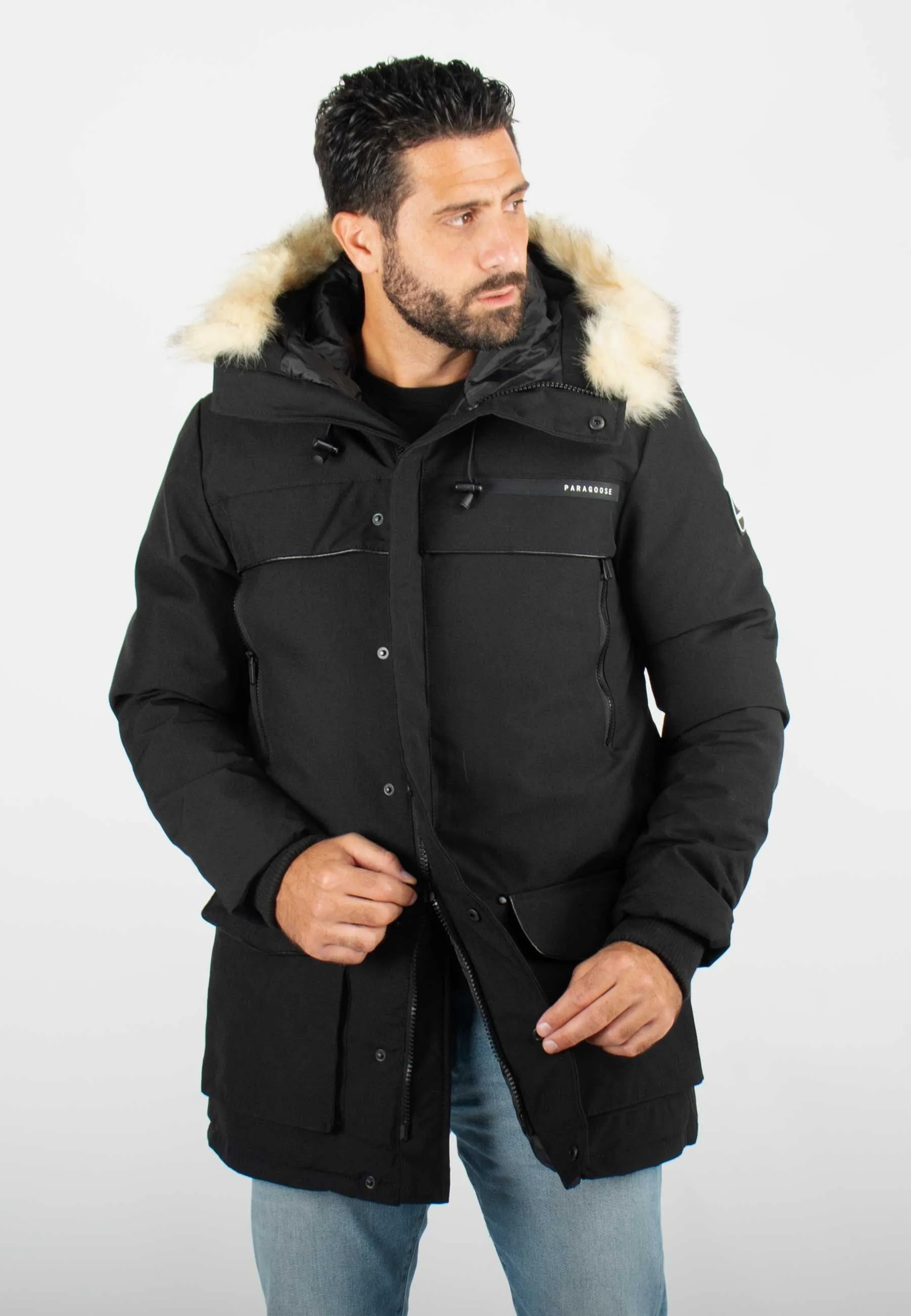 Parka Homme Paragoose GASTON – Veste Hiver à Capuche Fourrure Synthétique – Noir Technique et Chaude