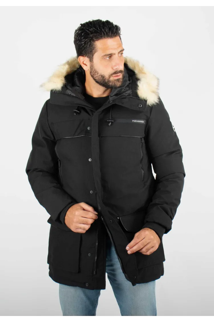 Parka Homme Paragoose GASTON – Veste Hiver à Capuche Fourrure Synthétique – Noir Technique et Chaude