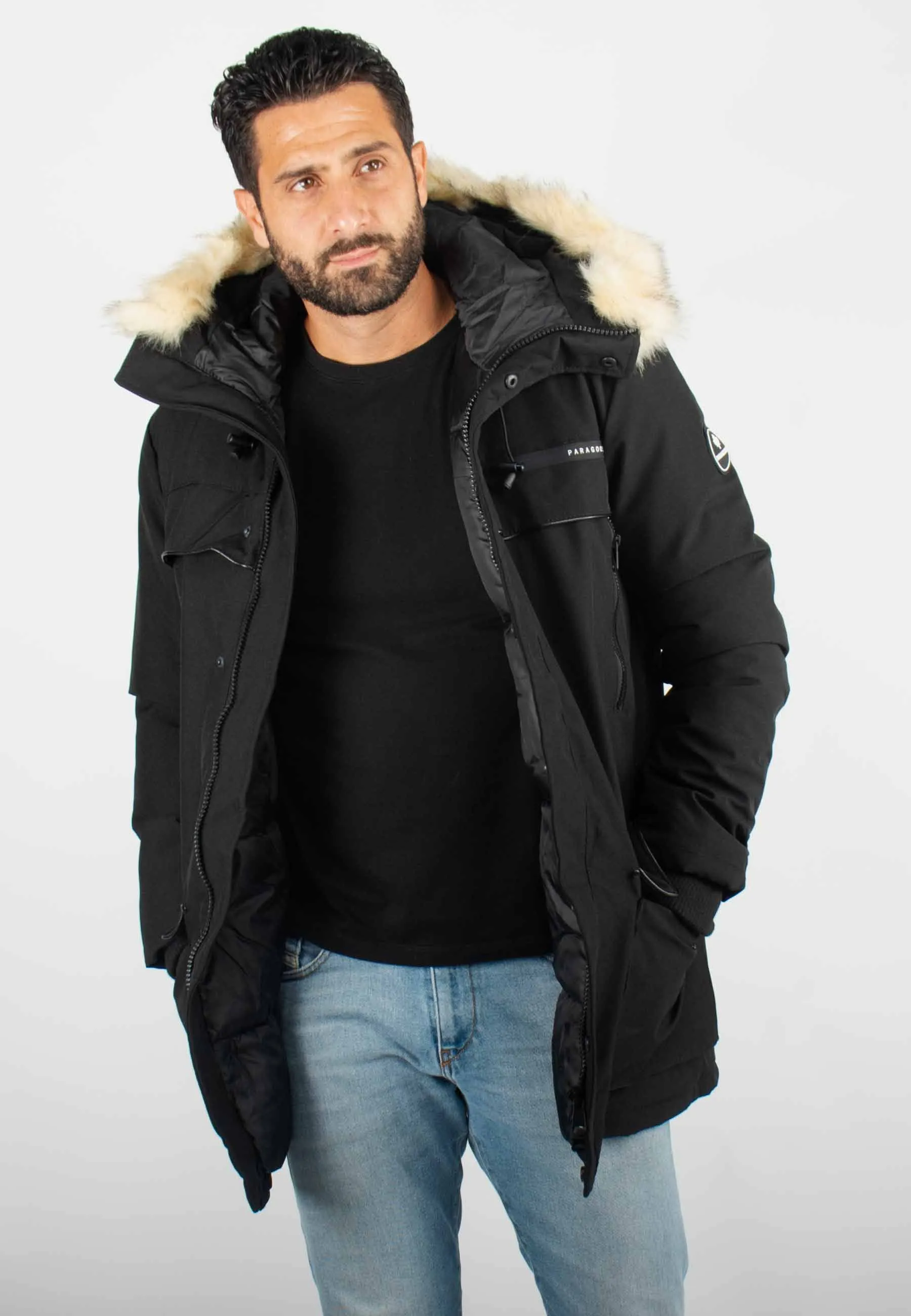 Parka Homme Paragoose GASTON – Veste Hiver à Capuche Fourrure Synthétique – Noir Technique et Chaude