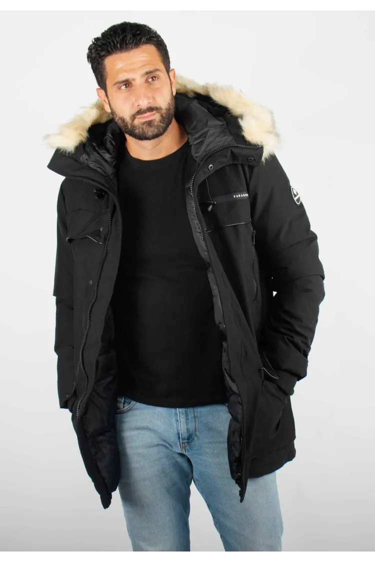 Parka Homme Paragoose GASTON – Veste Hiver à Capuche Fourrure Synthétique – Noir Technique et Chaude