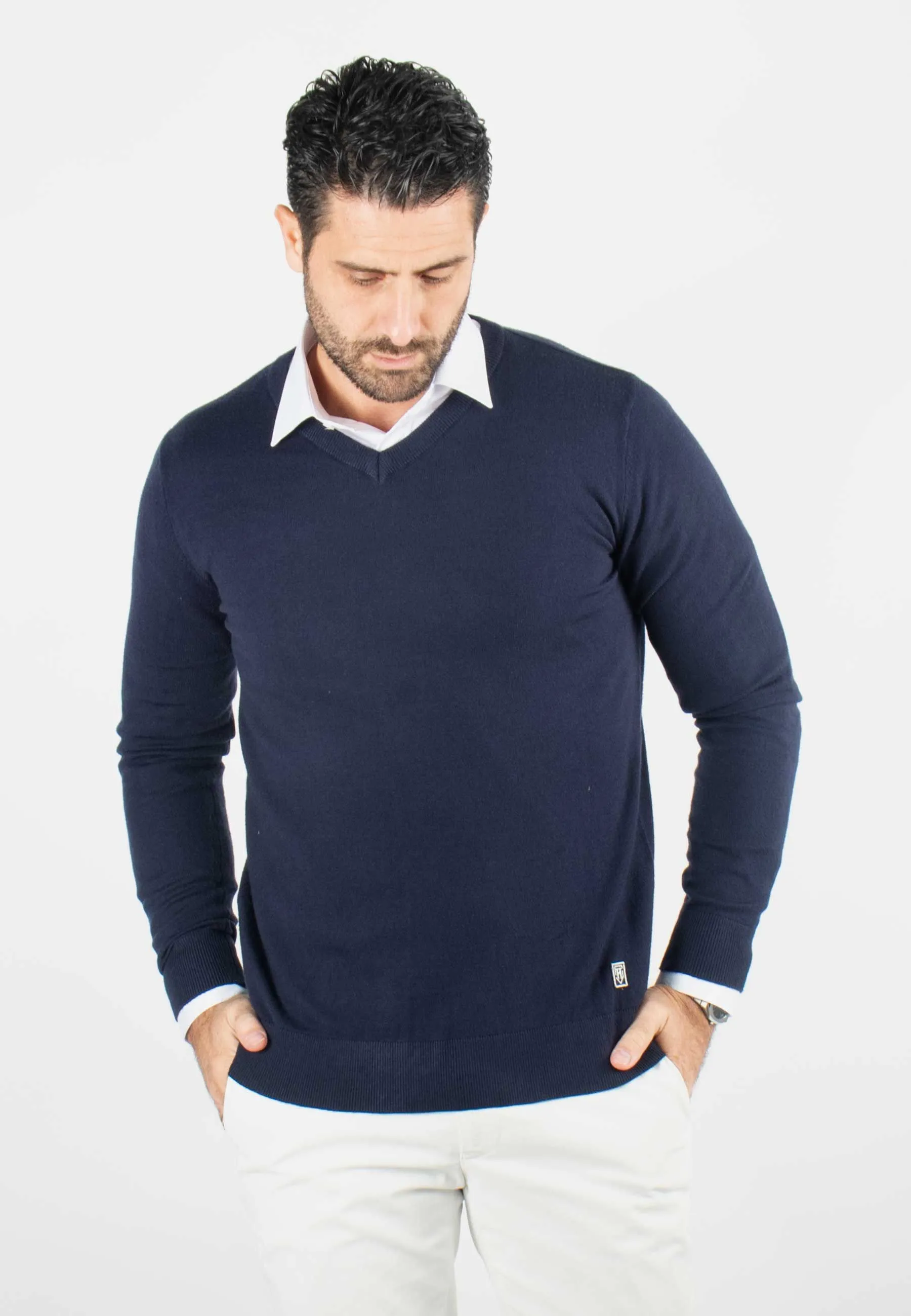 Pull homme col v navy - Touché cachemire