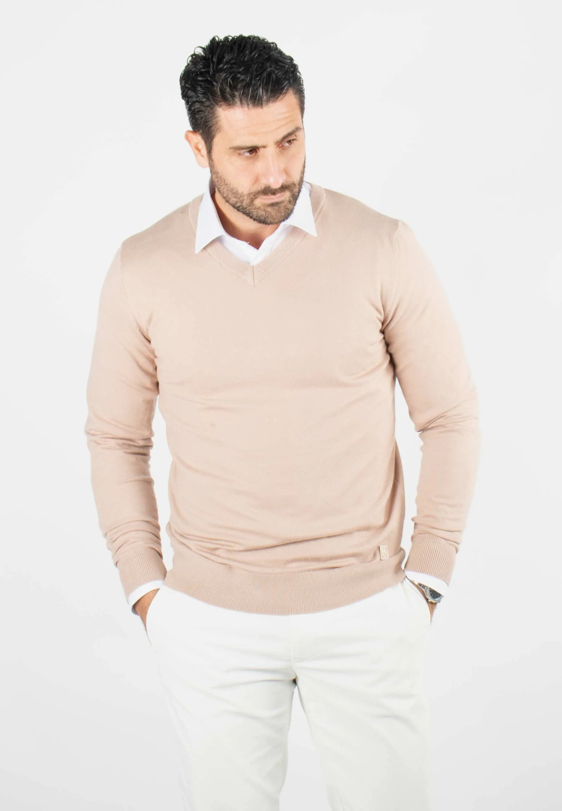 Pull homme col v beige - Touché cachemire