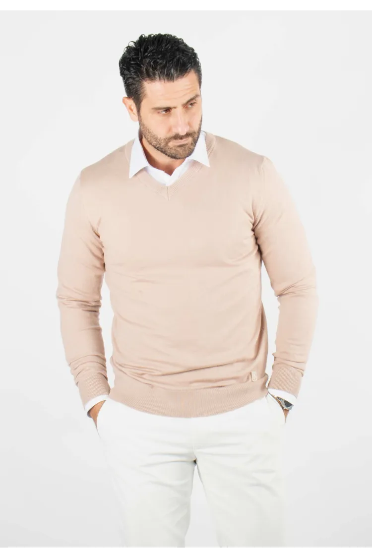 Pull homme col v beige - Touché cachemire