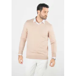 Pull homme col v beige - Touché cachemire