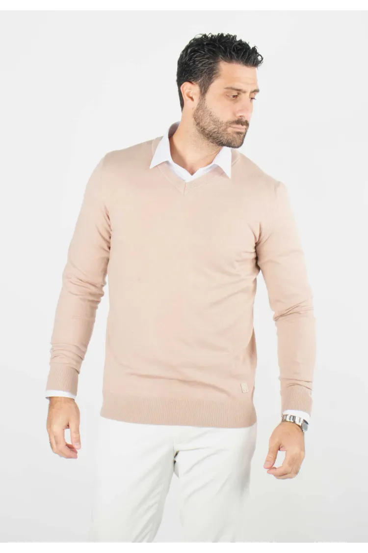 Pull homme col v beige - Touché cachemire