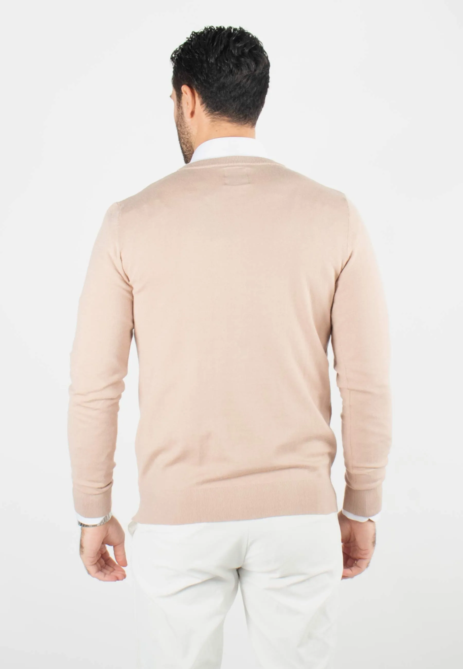 Pull homme col v beige - Touché cachemire