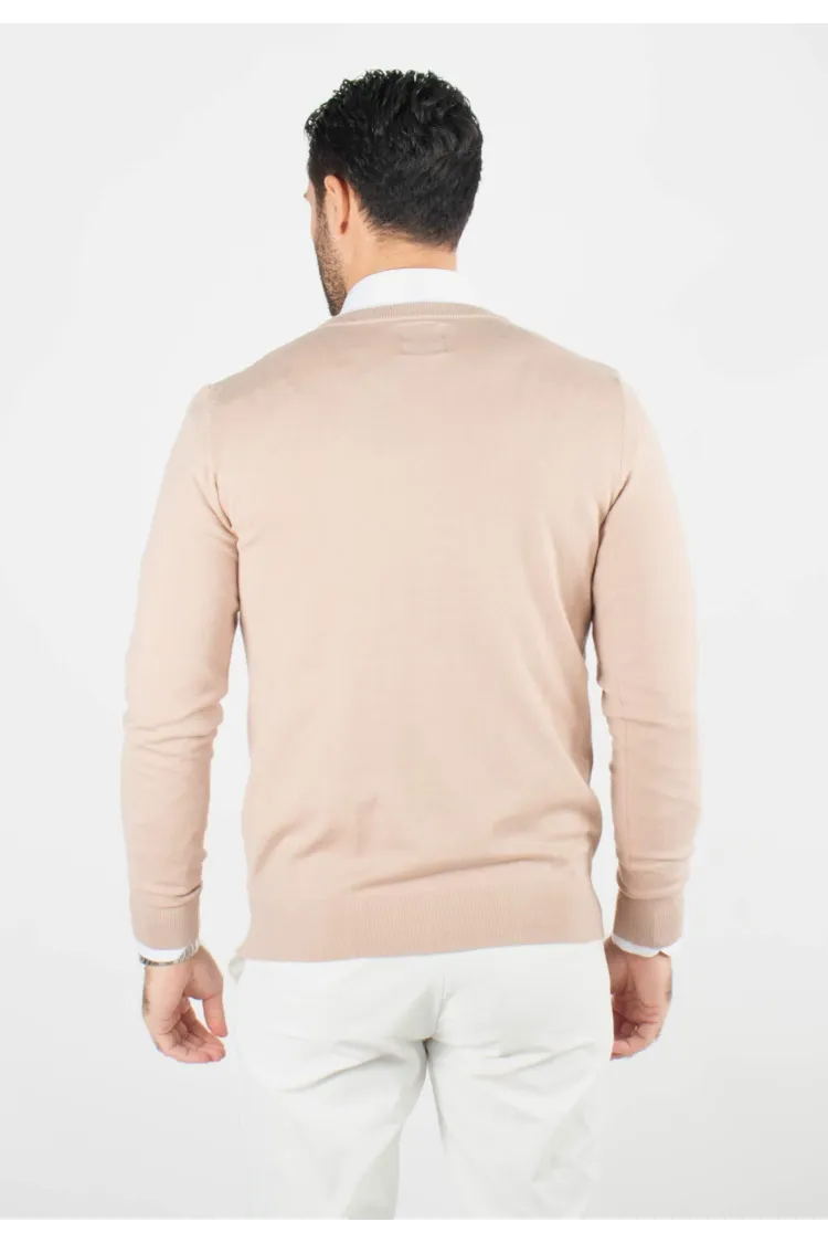 Pull homme col v beige - Touché cachemire