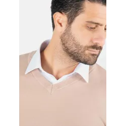Pull homme col v beige - Touché cachemire