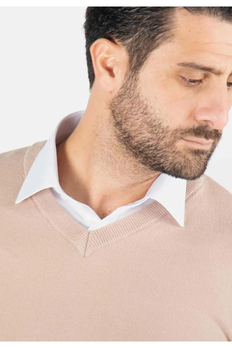 Pull homme col v beige - Touché cachemire