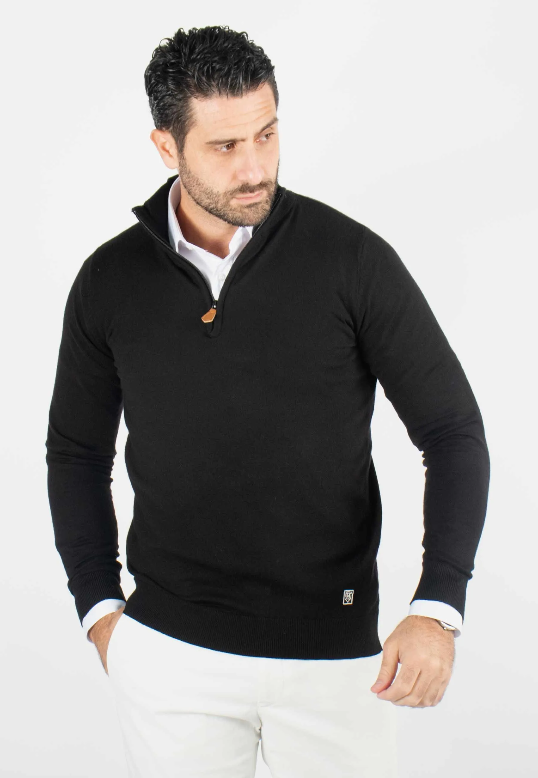 Pull homme col camioneur noir - Touché cachemire