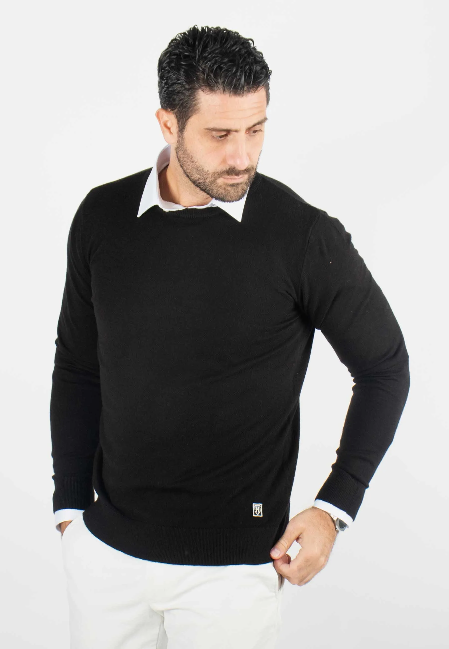 Pull homme col rond noir - Touché cachemire