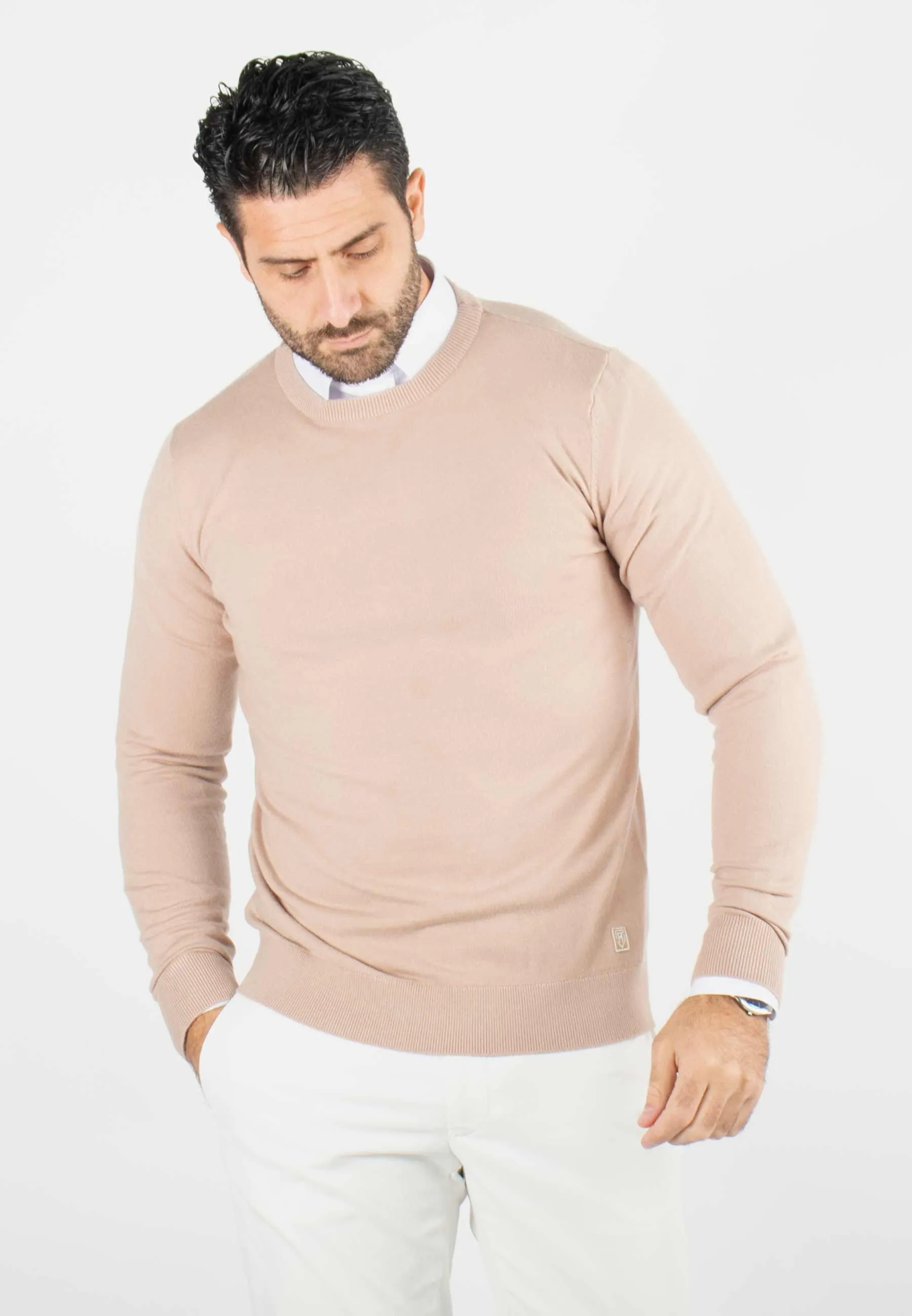 Pull homme col rond beige - Touché cachemire