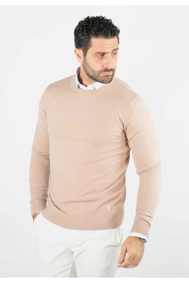 Pull homme col rond beige - Touché cachemire
