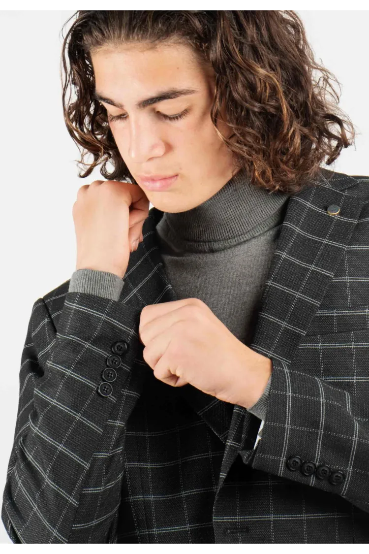 Veste de costume anthracite à carreaux avec poches latérales, style élégant et intemporel