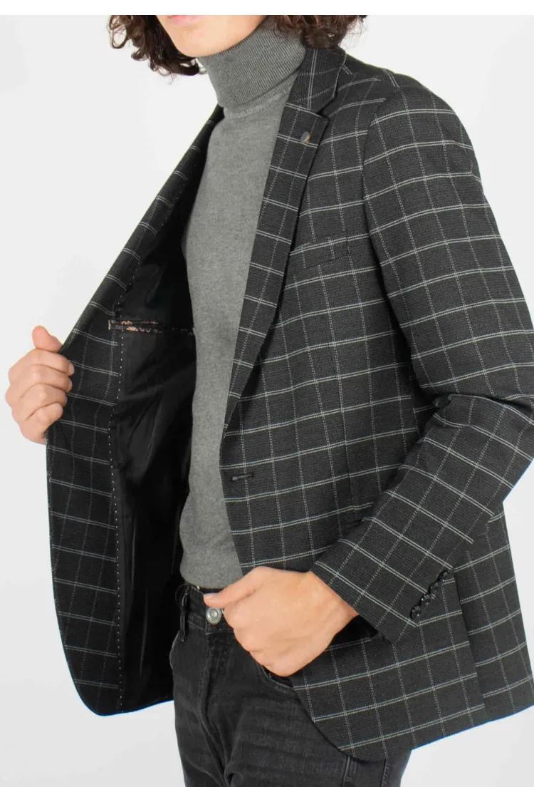 Veste de costume anthracite à carreaux avec poches latérales, style élégant et intemporel