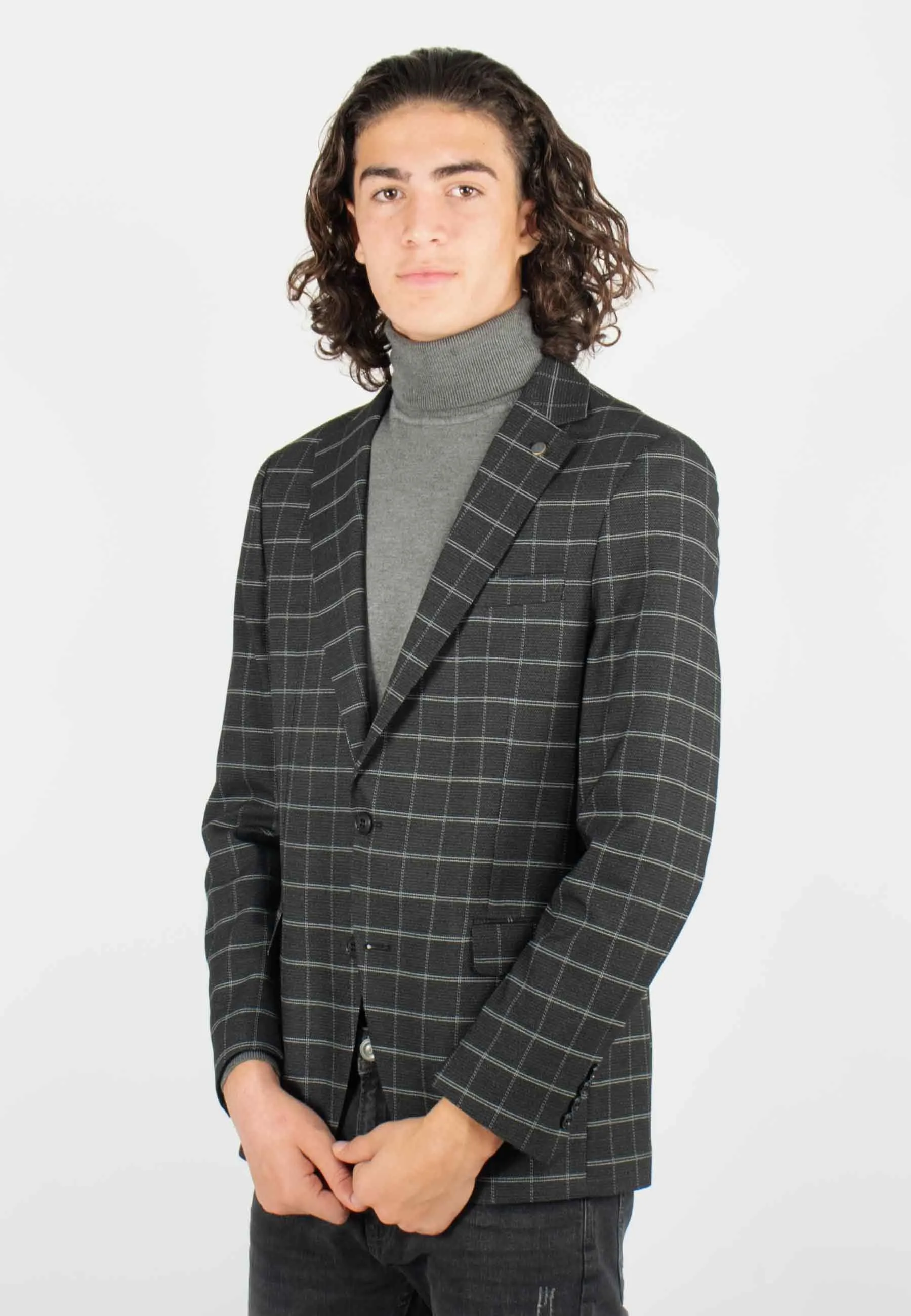 Veste de costume anthracite à carreaux avec poches latérales, style élégant et intemporel