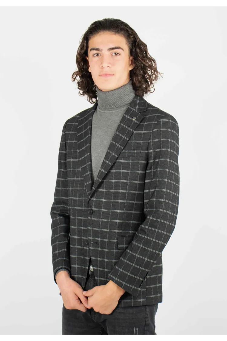 Veste de costume anthracite à carreaux avec poches latérales, style élégant et intemporel