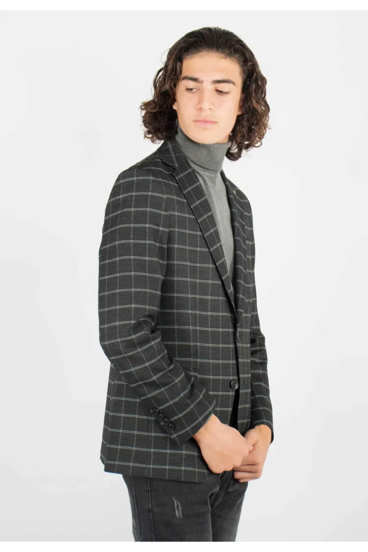 Veste de costume anthracite à carreaux avec poches latérales, style élégant et intemporel