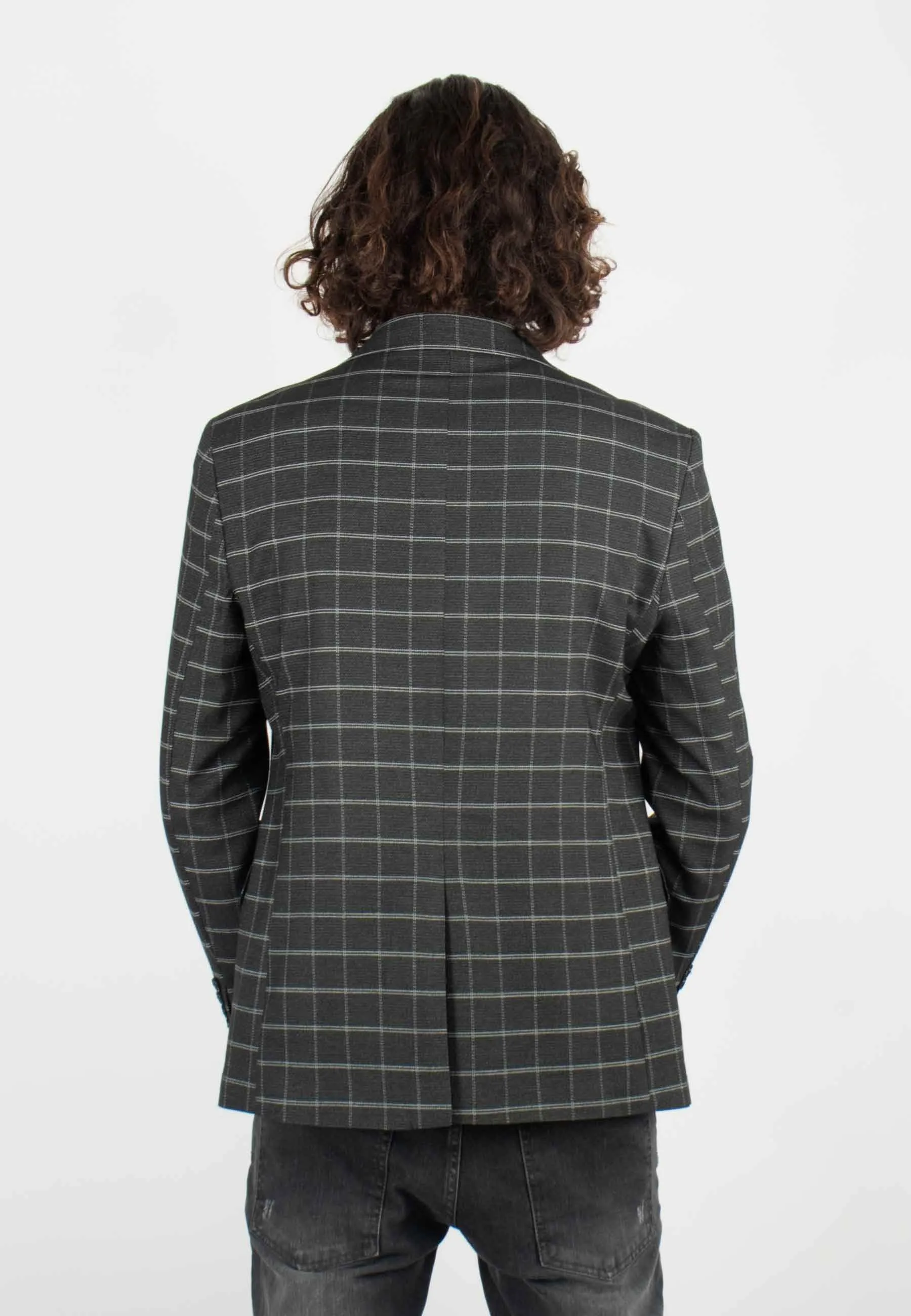 Veste de costume anthracite à carreaux avec poches latérales, style élégant et intemporel